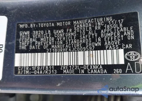 2018 Toyota Corolla Le from USA, damaged, VIN 2T1BURHE4JC009597